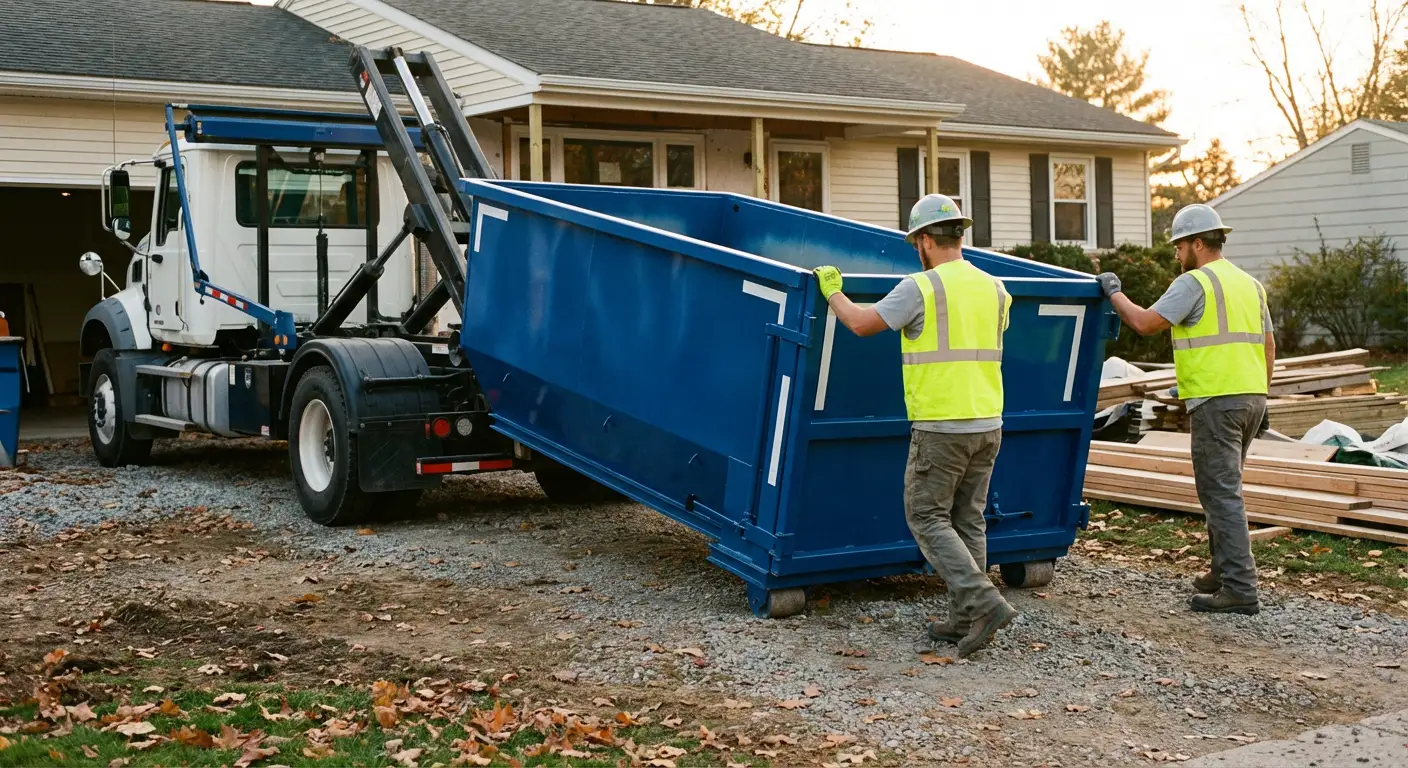 Construction dumpster delivery truck in action in Hartford, CT