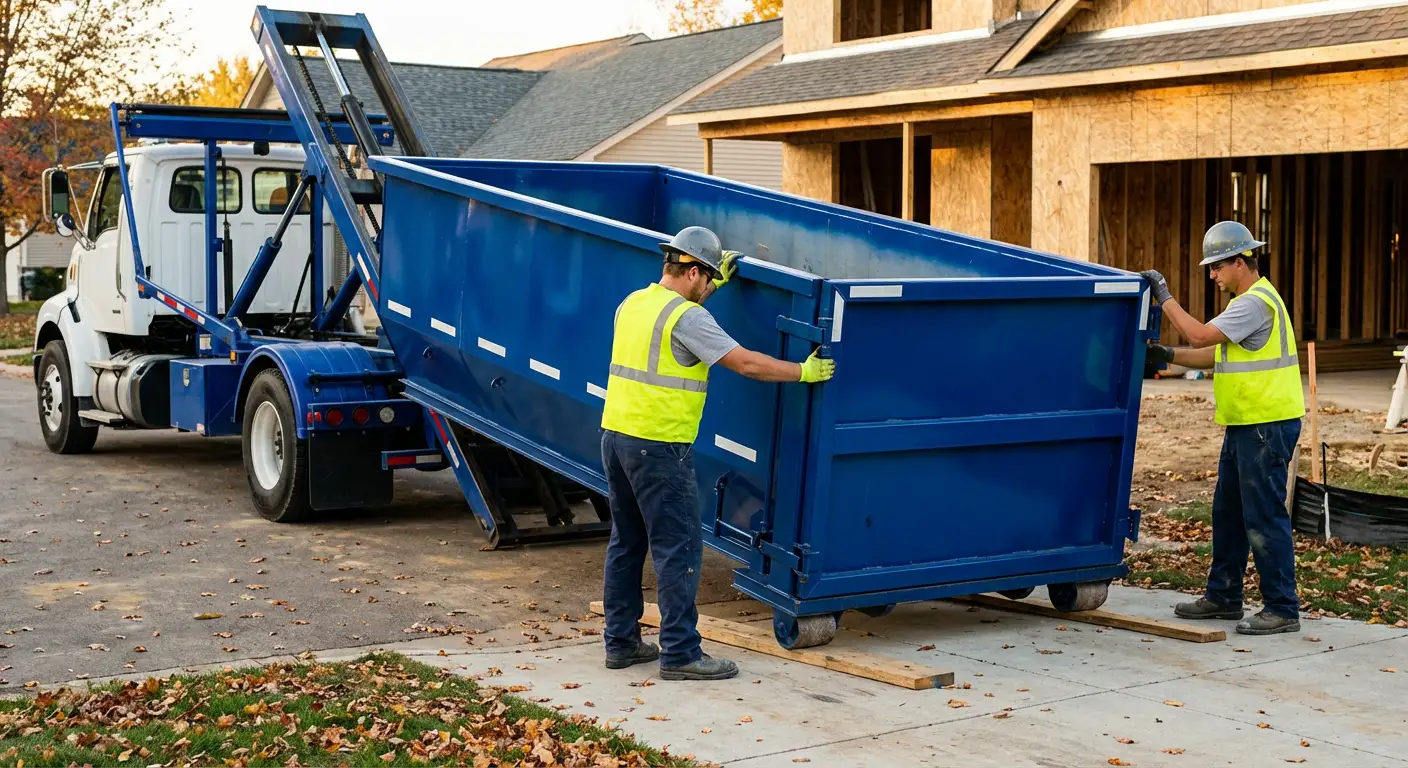 Roll-off dumpster delivery truck in residential area in Hartford, CT