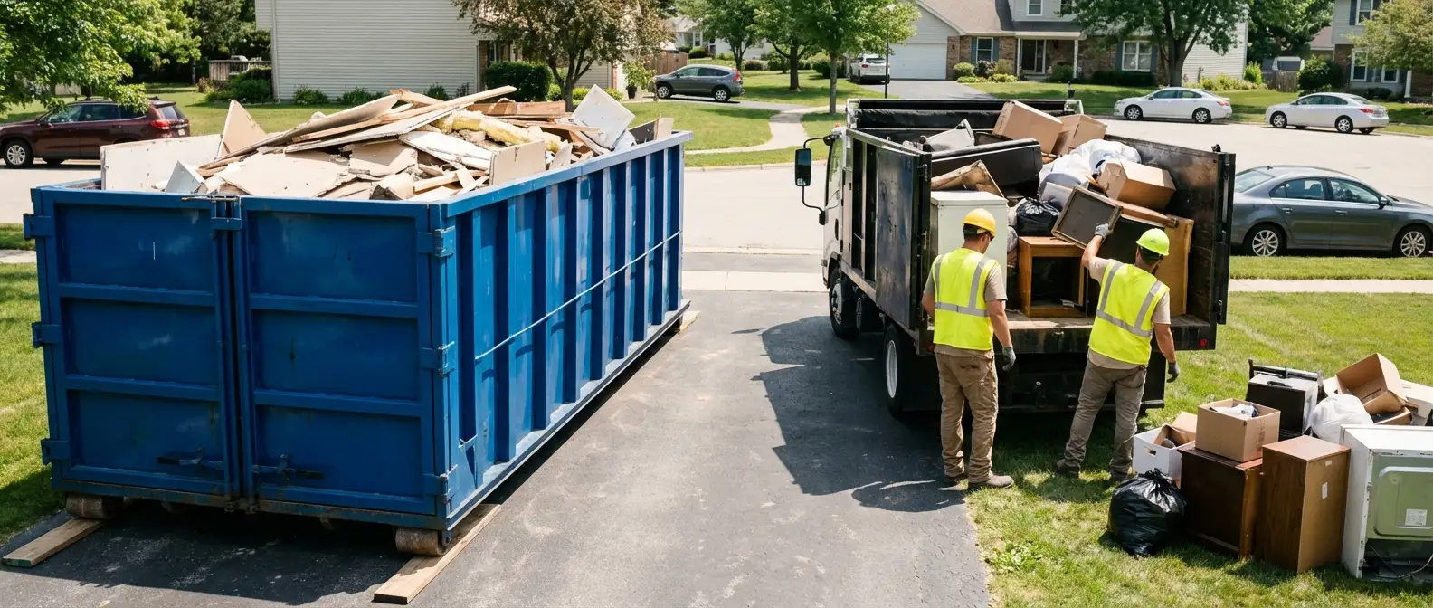 Dumpster rental versus junk removal service comparison showing capacity differences in Hartford, CT