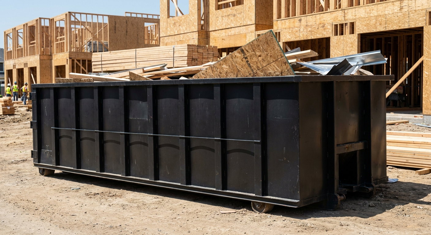 Matte-black 40-yard roll-off construction dumpster being lowered from a white-cab hooklift delivery truck onto the compacted-dirt jobsite at a commercial build site in Hartford