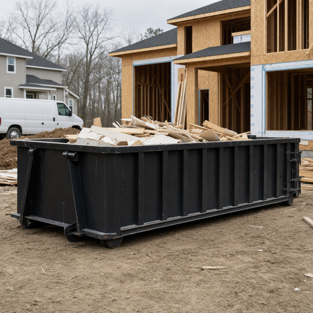 Worker in a yellow high-visibility vest tossing framing lumber and broken drywall into a matte-black 30-yard construction roll-off dumpster on an active build site in Hartford, bright daylight