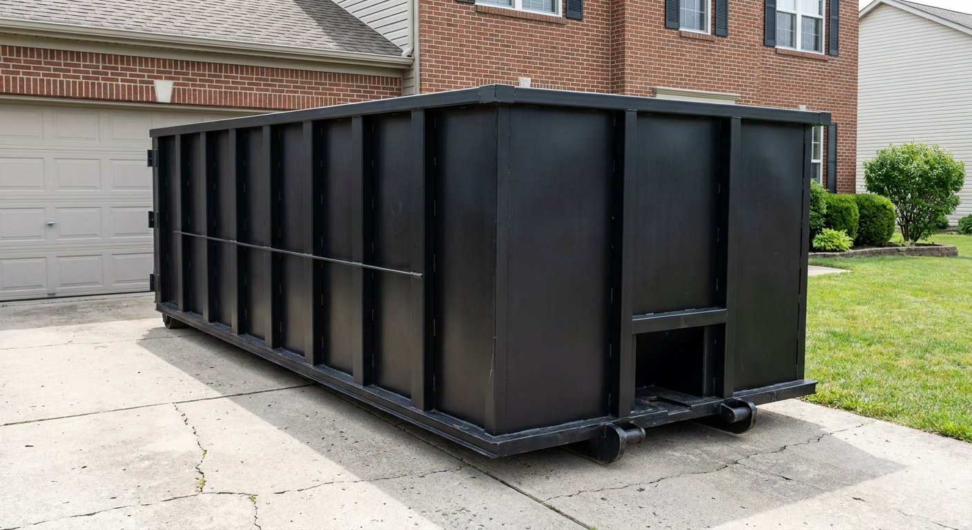 Matte-black 20-yard roll-off container on a Hartford residential concrete driveway with reinforced ribbed steel sidewalls and a hinged rear walk-in door, clean bright daylight.