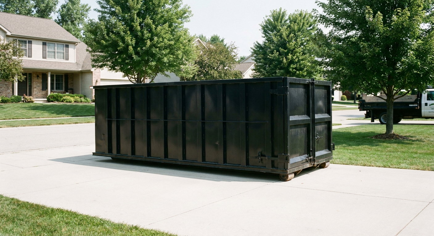 Matte-black 20-yard roll-off dumpster sitting level on a clean Hartford residential concrete driveway under bright daylight, demonstrating clean placement directly on the concrete.