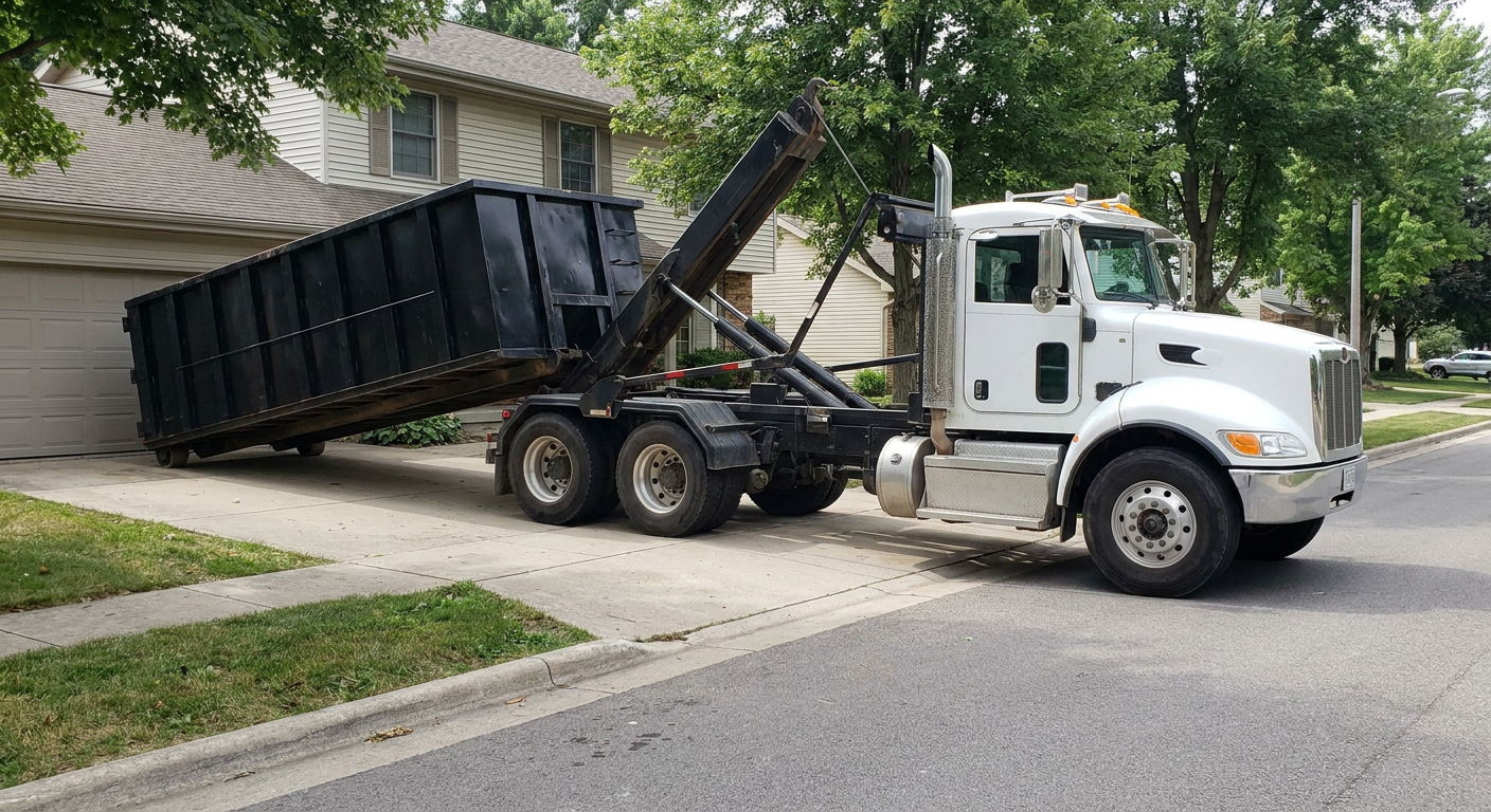 White-cab hooklift roll-off truck actively lowering a matte-black dumpster onto a Hartford residential concrete driveway, the dumpster's rear wheels touching the driveway as the hoist arm tilts the bed forward, mid-morning daylight.