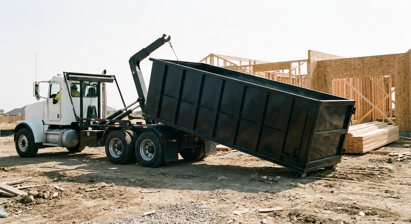 Matte-black roll-off dumpster being delivered onto a clean residential concrete driveway in Hartford by an unmarked white hooklift hauler truck, bright morning daylight, documentary 35mm perspective.