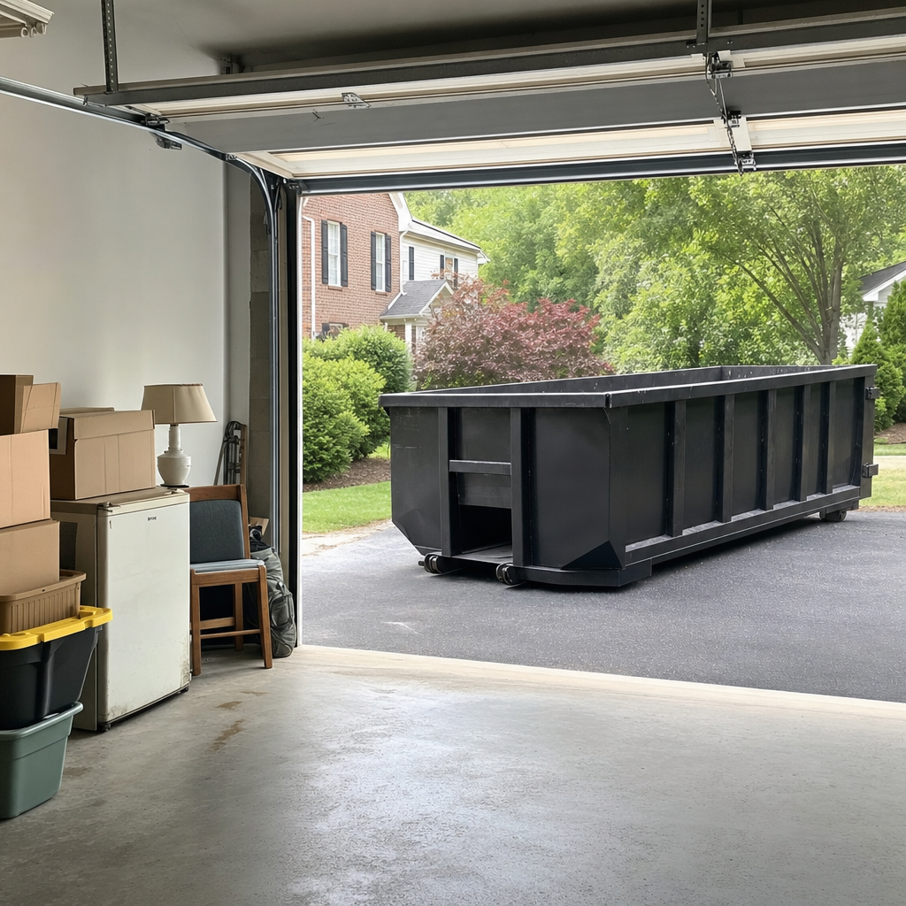 Open garage interior in a Hartford home mid-cleanout — boxed items, an old appliance, and stacked yard tools queued near the driveway for a matte-black roll-off dumpster, organized and calm