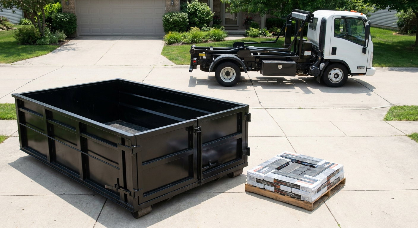 Matte-black 15-yard roofing roll-off dumpster with reinforced low side walls sitting directly on a Hartford residential concrete driveway, three-tab asphalt shingle bundles stacked nearby, an unmarked white hauler truck partially visible at the edge of the frame.