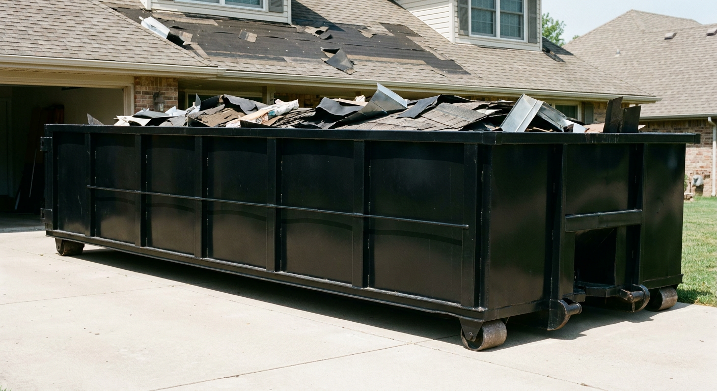 Matte-black 20-yard roofing roll-off dumpster with steel ribbed sides and swinging rear door, sitting directly on the concrete driveway of a two-story Hartford home, asphalt shingle debris being loaded over the low wall, clean documentary lighting.