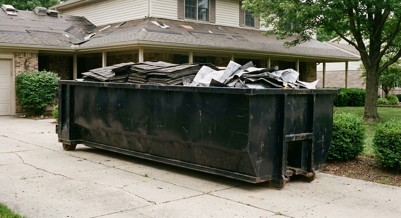 Matte-black 30-yard roofing roll-off dumpster sitting directly on a Hartford concrete driveway, taller ribbed steel side panels, mixed tear-off debris of asphalt shingles and underlayment inside, professional documentary daylight.
