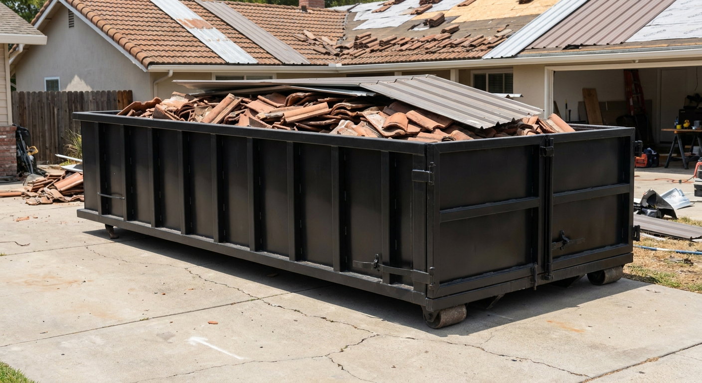 Matte-black low-wall heavy-debris roofing roll-off dumpster sitting directly on a Hartford concrete driveway, broken concrete clay roof tiles and metal panel sections loaded inside, reinforced ribbed steel side walls visible, bright outdoor daylight.