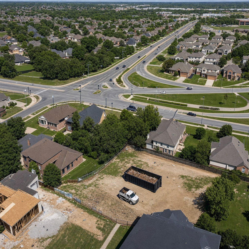 An overhead documentary view of the Hartford metro area at midday, showing the spread of neighborhoods, arterial roads, and the dispatch radius from a central yard — clean daylight, organized geographic layout.