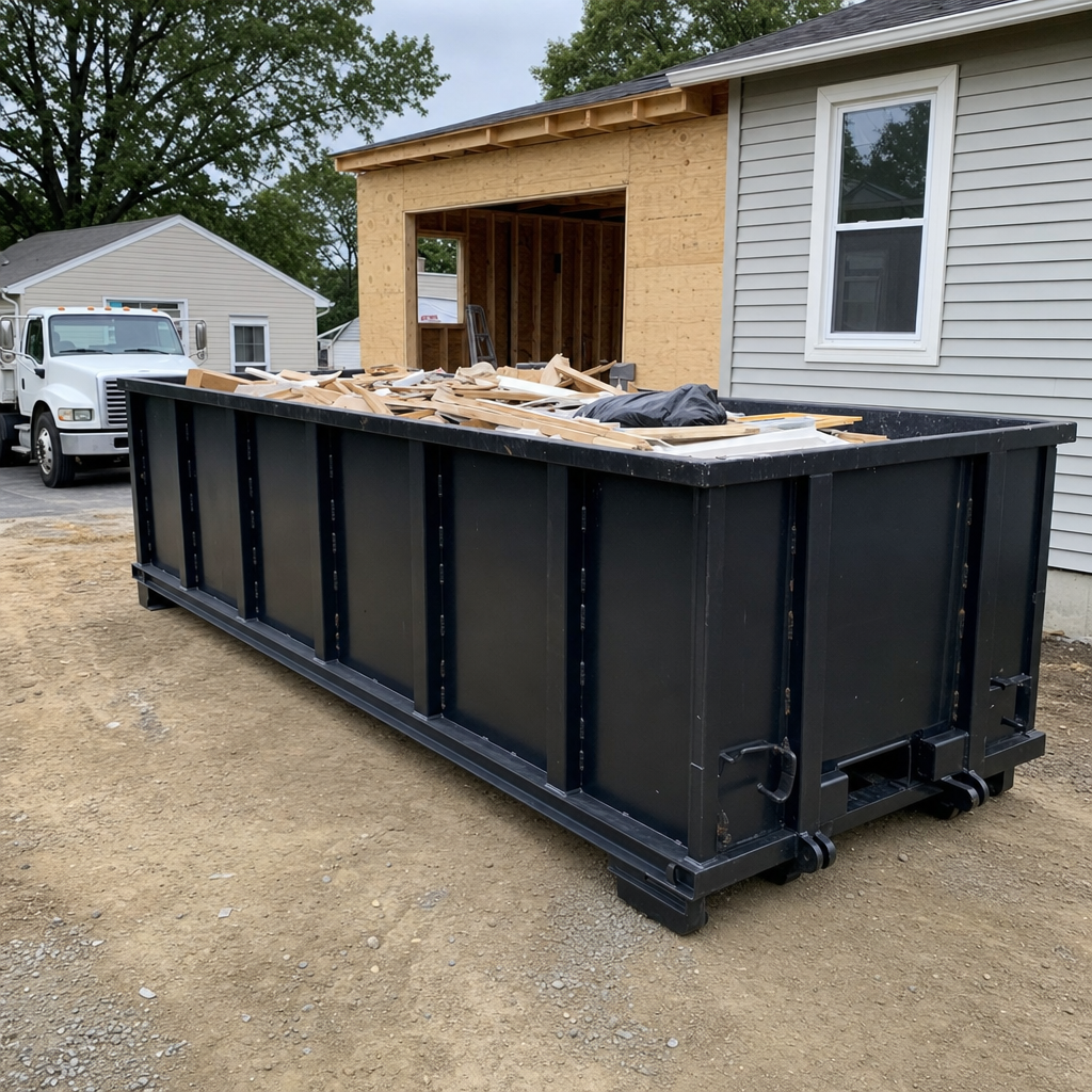 A matte-black 30-yard roll-off dumpster positioned at a Hartford residential addition jobsite, with framing lumber and drywall scraps loaded through the open swinging rear doors.