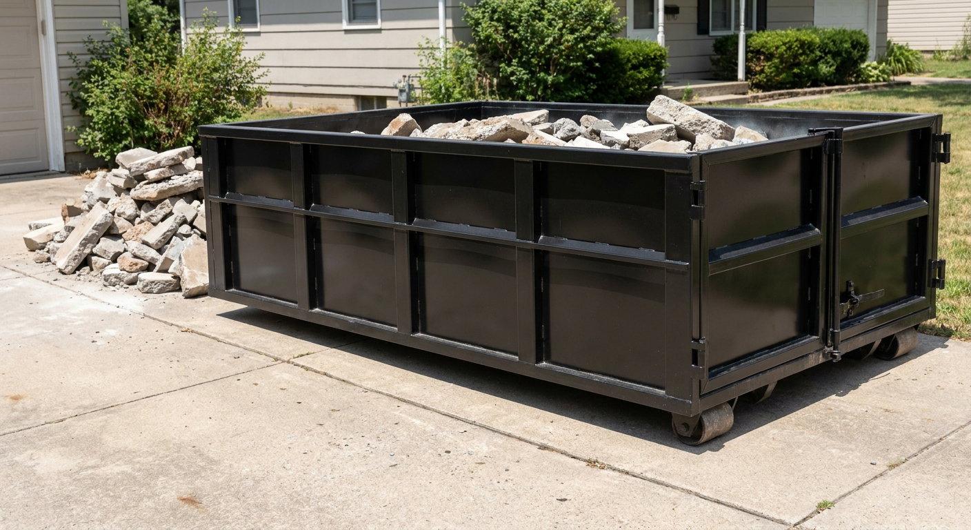A matte-black low-side heavy-debris roll-off dumpster placed directly on a Hartford concrete driveway, with broken concrete chunks neatly stacked beside it under clean daylight.